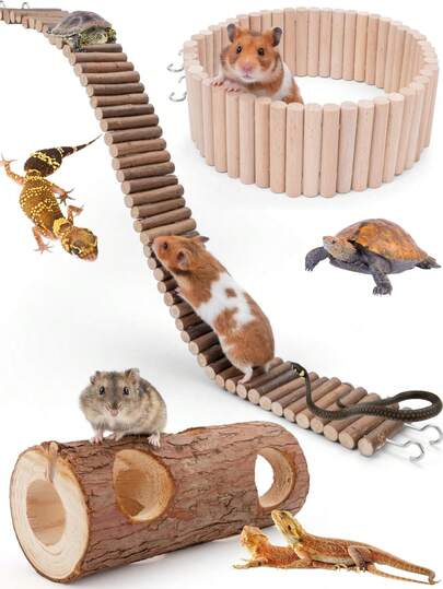 Natuurlijke houten holle tunnels voor reptielen, schuilplaatsen voor hagedissen, landschapsarchitectuur voor grotten, hangmatspeelgoed voor hamsters, flexibele houten ladders waar muizen op kunnen klimmen, boogbrugspeelgoed voor kleine dieren