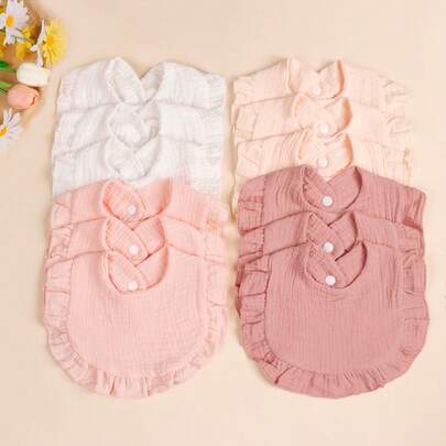 3/4pcs Baby Solid Color Bibs With Ruffle Trim, Soft Drool Cloths