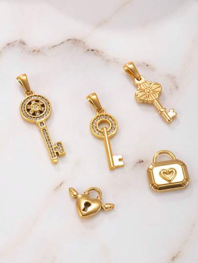 1 pieza Colgante de llave y candado chapado en oro de 18K de acero inoxidable, amuleto de candado de amor de unicolor para hacer collares, aretes, joyería, uso diario, regalo