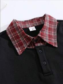 Men's Plaid Patchwork Turndown Collar Long Sleeve Polo Shirt, Suitable For Autumn, Winter And Spring - 黑色 - 查看 3