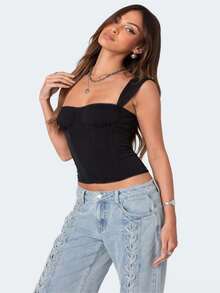 Womenacute;S Vintage Polka Dot Print Halter Neckline Tank Top With Flattering Silhouette - 黑色 - 查看 2