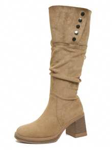 Women's Fold-Over Tall Boots, New Autumn/Winter Design, Wrinkled Shaft, Dual-Wear, High Heel, Chunky Heel, Riding Boots - Khaki - View 1