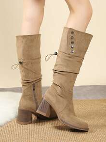 Women's Fold-Over Tall Boots, New Autumn/Winter Design, Wrinkled Shaft, Dual-Wear, High Heel, Chunky Heel, Riding Boots - Khaki - View 3