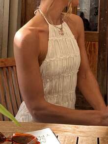 فستان شاطئ نسائي بدون ظهر ومربوط الخلف ، أنيق ، ذو لون واحد - لون مشمشي - مشاهدة 6