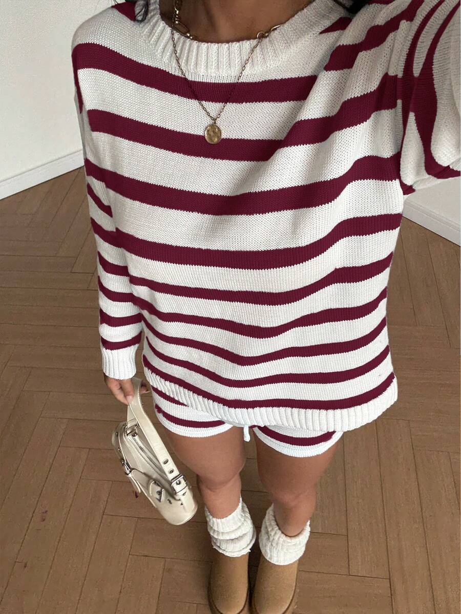 Mejors 女士 Y2K 可爱两件套条纹长袖针织衫上衣 + 短裤，抽绳腰带设计，适合旅行和日常穿着，休闲针织套装，女士春秋季、返校季、圣诞节、情人节，酒红色，红色 - 酒紅色 - 查看 1