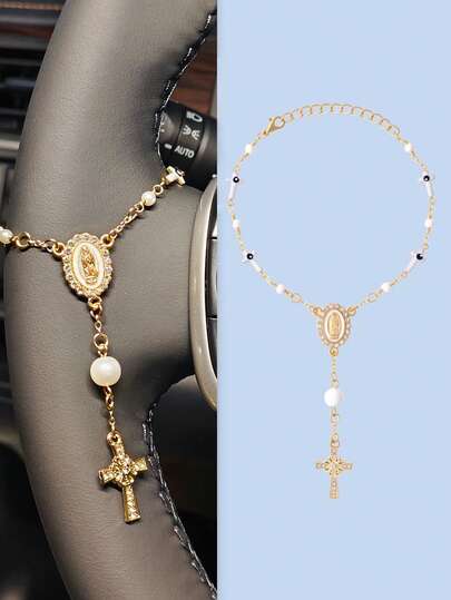 Rosario de espejo retrovisor de automóvil universal (con colgante) y decoración colgante de cruz y ojo exorcista de espejo retrovisor, medalla de metal dorado y decoración colgante de cruz de espejo retrovisor de automóvil, pulsera de cruz, pulsera de la Virgen María, pulsera de oración de - Adecuado para automóviles, motocicletas, bicicletas y camiones (se puede instalar en espejos retrovisores o manillares), decoración portátil, orando por la y las bendiciones, regalo ideal para cumpleaños, primera comunión,