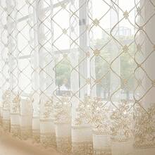 单片格子刺绣薄纱窗帘，顶部带挂钩的杆袋，3D 刺绣花卉图案，法式乡村浪漫白色窗帘，适用于客厅、卧室、隔断、秋季装饰、秋季装饰、房间装饰 - 白色 - 查看 44