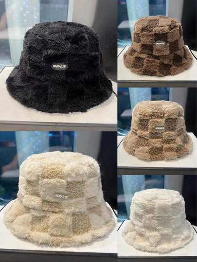 新款时尚渔夫帽，男女通用秋冬米色棋盘格羊毛渔夫帽，日本羔羊毛护耳渔夫帽，韩国百搭保暖羊毛渔夫帽