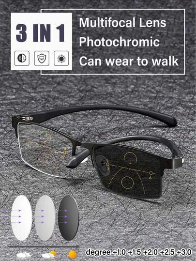 Gafas de lectura multifocales progresivas 3 en 1, unisex, con montura metálica flexible de media montura y bisagras, aumento de +1.00 a +3.00, adecuadas para computadora HD y teléfono inteligente, óptica de alta definición