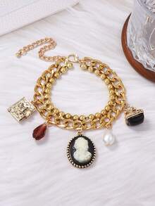 1pc Vintage Chic Alloy Lady Portrait Chain Tassel Earrings, Multi-Pendant Necklace, Bracelet Jewelry Set For Women