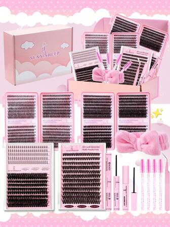 1768pcs, 640pcs, 608pcs, 280pcs, 240pcs D-Curl Eyelash Extension Kit, DIY Eyelash Extension Set, 280pcs Lightweight Natural Curly Eyelashes, Thin And Lightweight, Curl Degree Almost Identical To Natural Lashes, 9-20mm, 30D, 40D, 50D, 60D, 80D, 100D Individual Eyelash Extension Kit, Includes Eyelash Glue, Sealant, Tweezers, Makeup Remover, Eyelash Brush, Headband, For Personal Use (9-20mm, Set)