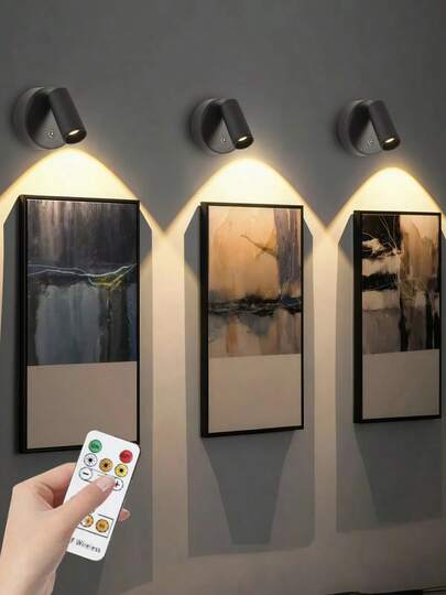 1个LED多功能无线射灯，带遥控器，3种颜色模式，亮度可调，非常适合植物和艺术品照明 - 无需钻孔安装，触摸控制，黑白两色可选，适用于卧室、客厅、走廊、艺术照明、重点照明、现代射灯、时尚灯具，轻巧结构，耐用塑料材质，多色照明，适合家居装饰师、室内设计师使用。