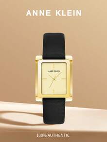 Anne Klein 女士金色长方形表壳石英表，黑色皮表带，优雅休闲模拟腕表，浅香槟色表盘，可调节表带，AK/2706CHBK - 金色 - 查看 1