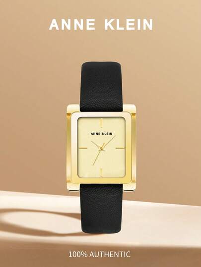 Anne Klein 女士金色长方形表壳石英表，黑色皮表带，优雅休闲模拟腕表，浅香槟色表盘，可调节表带，AK/2706CHBK