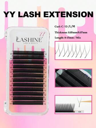  Lashine 12 rader YY-formade ögonfransförlängning 2D dubbelspetsfransar Cilios Y 0,07 C D Curl individuell volym fläktögonfrans för professionell skönhetssalong grossist