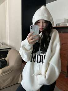 女士字母刺绣加厚连帽毛衣，休闲宽松修身针织套头衫 白色 - 白色 - 查看 5