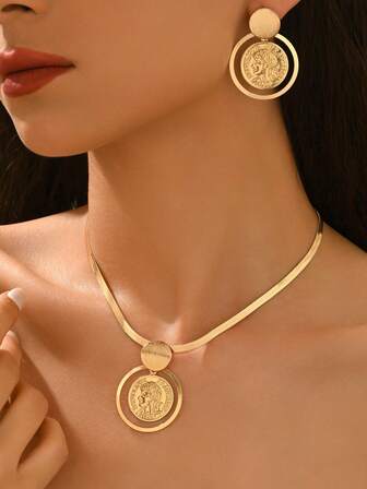 2件套 新款创意几何女性头像优雅简约项链耳环首饰套装