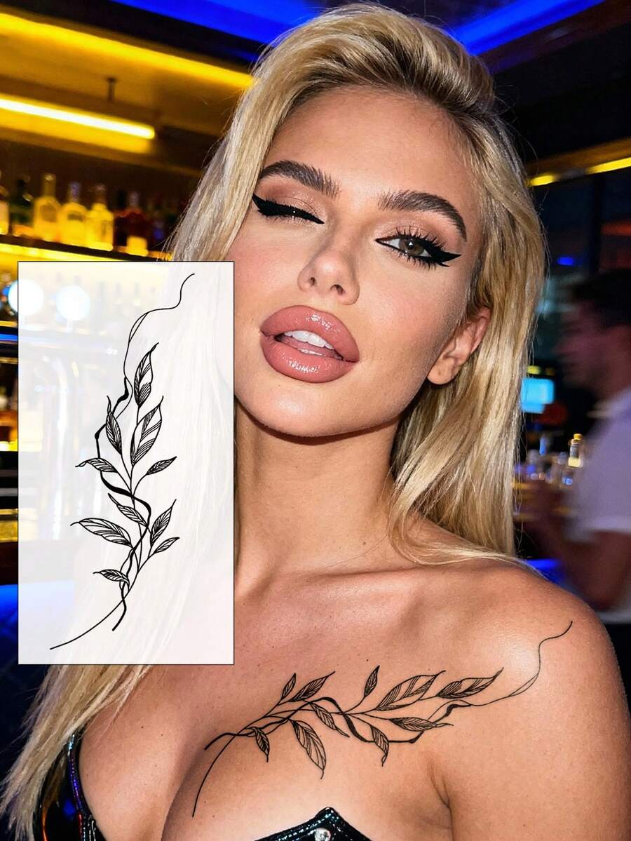 STARTTOOS 1 Pack Minimalist Black Thin Line Tree Branch & Leaf Pattern Temporary Tattoo Stickers, Waterproof & Realistic, Suitable For Wrist, Shoulder, Neck, Collarbone, Ankle And Other Areas - Black - View 1
