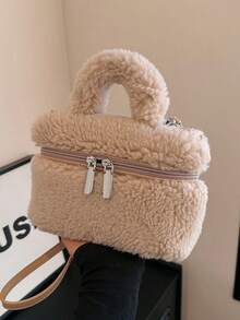 Dedoo 1个纯色毛绒方形斜挎包，女士小钱包，适合日常时尚穿搭，时尚手提包 - 卡其色 - 查看 3