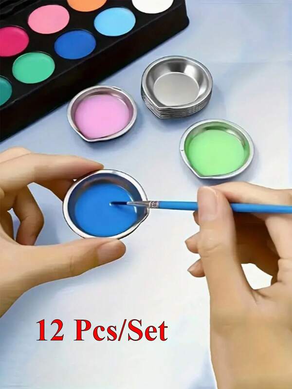 12 Stück Edelstahl Farbpalette Set, runde Farbmischpaletten Tabletts mit leicht zu gießendem Ausguss & leichtem Design - Künstler-Qualität Aquarellpaletten für Acryl-, Ölfarben, ideal für Künstler & Hobbykünstler, Farbpalette Tablett, Künstlerbedarf, schicke metallische Oberfläche