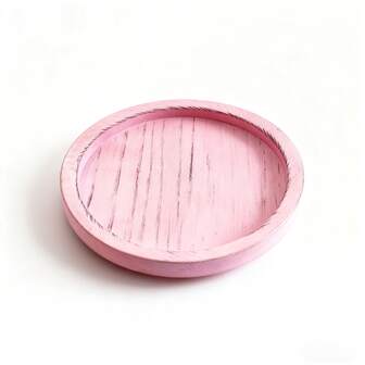 1个大容量复古纹理圆形木质托盘，韩式/日式做旧粉色圆形木质托盘，多用途饮料及小物件收纳托盘，适合全年阳台及休闲场所使用
