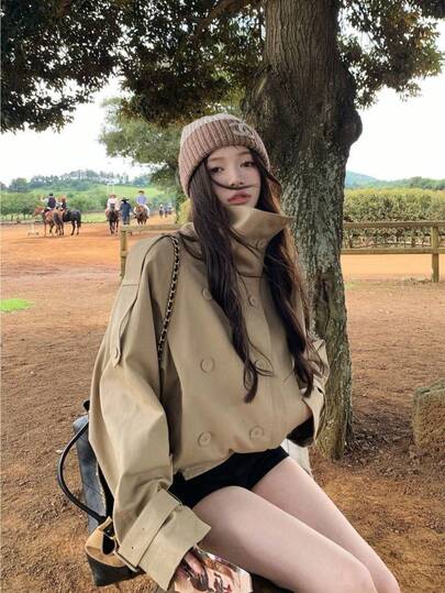 秋の新作英国風ダブルブレストスタンドカラーショートウィンドブレーカーレディースルーズファッション人気ワークウェアジャケットトレンド