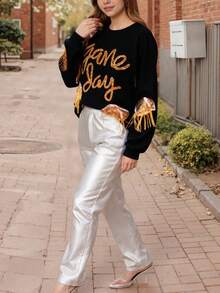 1Pcs Match/Game Day Metallic Letters And Tassel And Rugby Sequin Patch Football Jersey Pullover Sweatshirt Fall&Winter - màu đen - Xem 3