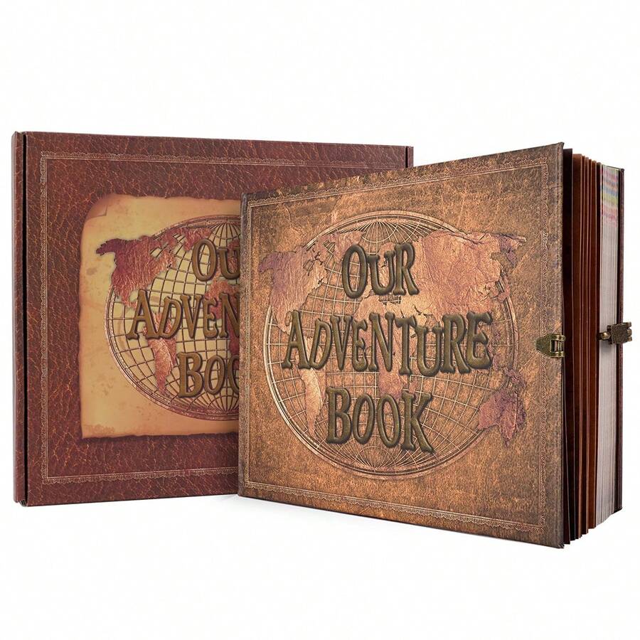 OUR ADVENTURE BOOK A Adventure Book 180 Pages Scrapbook Photo Album,Retro Style Embossed Letter Leather Cover Travel Diary Journal Scrap Book For Couples,Memory Book For Anniversary Wedding,Valentines Day Gifts - 棕色 - 查看 1