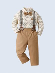 BOARNSEORL 2pcs Young Boys Gentleman Outfit - Long Sleeve Collared Shirt With Bow Tie And Suspender Pants, Fashionable And Dapper For Birthday Party, Formal Event, Wedding, Anniversary Celebration