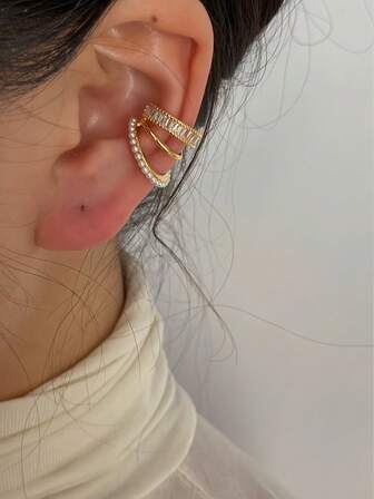 1 pieza Pendientes elegantes de clip con circonita cúbica dorada y perla, adecuados para orejas sin perforar, uso diario para mujeres, regalo para el Día de San Valentín, fiestas, vacaciones