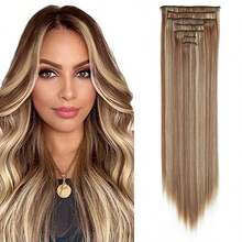 22英寸直发合成假发，7片装直发接发套装，带隐形夹，可延长头发长度 - 彩色 - 查看 36