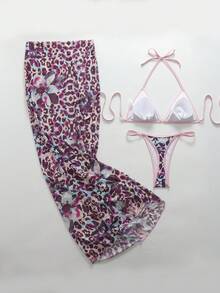 Summer Women Leopard Print Fabric Sexy Beach Bikini Set With Mesh Skirt, Allover Leopard Print With Tie Back Design, Suitable For Beach, Vacation, Valentine's Day - Multicolor - View 8