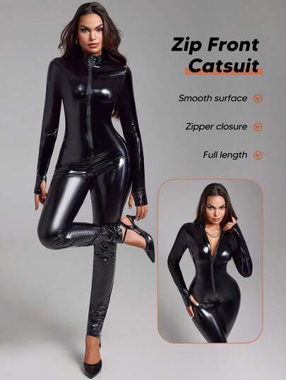 女式 PU 皮革拉链修身简约休闲连体裤