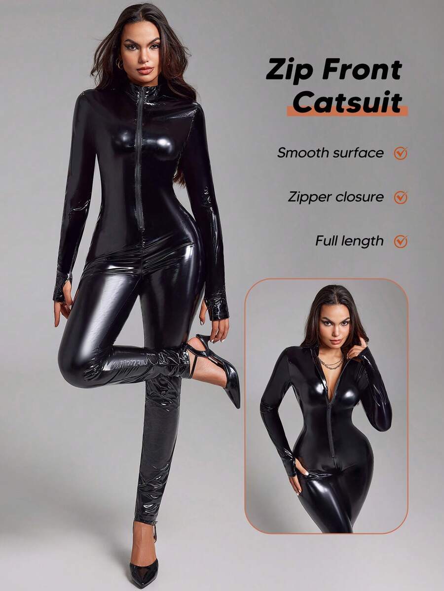 Women's PU Leather Zipper Slim Fit Minimalist Casual Jumpsuit - Black - View 1