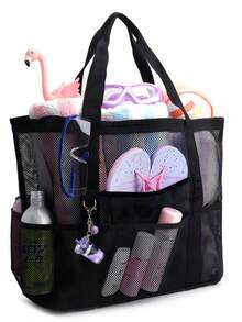 Large Mesh Beach Bag - Anti-Sand Swimming Tote Bag, Extra Large Capacity Family Foldable Lightweight Pool Cruise Essentials, With Zipper, Perfect For Commuting, Outdoor, Travel, Camping, Vacation, School, Dorm Necessities