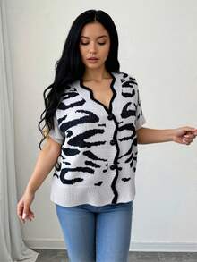 Plus Size Knitwear V Neck Regular Length Sweater Vest With Button Front Details And Slight Stretch Fabric