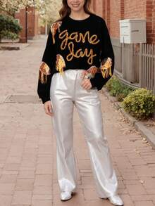 1Pcs Match/Game Day Metallic Letters And Tassel And Rugby Sequin Patch Football Jersey Pullover Sweatshirt Fall&Winter - màu đen - Xem 2