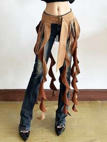 1pc Vintage Ruffled Fringed Waist Wrap Skirt, Unique Design, Flattering Fit - Brown - View 11