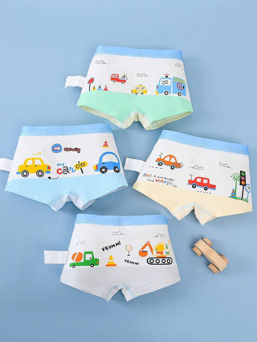 4pcs/Pack Boys' Cartoon Car Print Boxer Briefs, Children Underwear Shorts Set