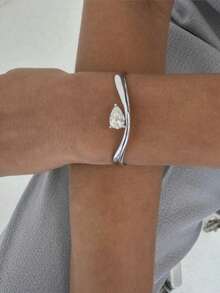 1pc Fashionable European-American Simple Copper Cubic Zirconia Adjustable Bangle Bracelet, Unisex Couple Daily Commute Accessory, Gifts For Holidays - Gold - View 6