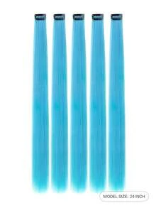 Five Piece Set Of Straight Hair Extensions With Light Blue 24 Inch Heat-Resistant Fiber Synthetic Hair Clips, Suitable For Women's Christmas, Halloween Parties, And Daily Use - Baby Blue - View 4