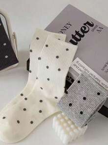 5 pares de calcetines medianos estilo Ins para mujer, calcetines de lunares grises para otoño/invierno, calcetines versátiles tipo tripulación - Multicolor - Ver 3