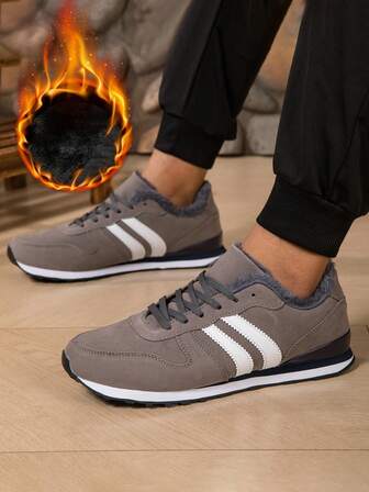 冬季新款保暖绒面男士运动鞋，纯色休闲系带运动鞋，户外男士跑步鞋，旅行鞋，训练鞋