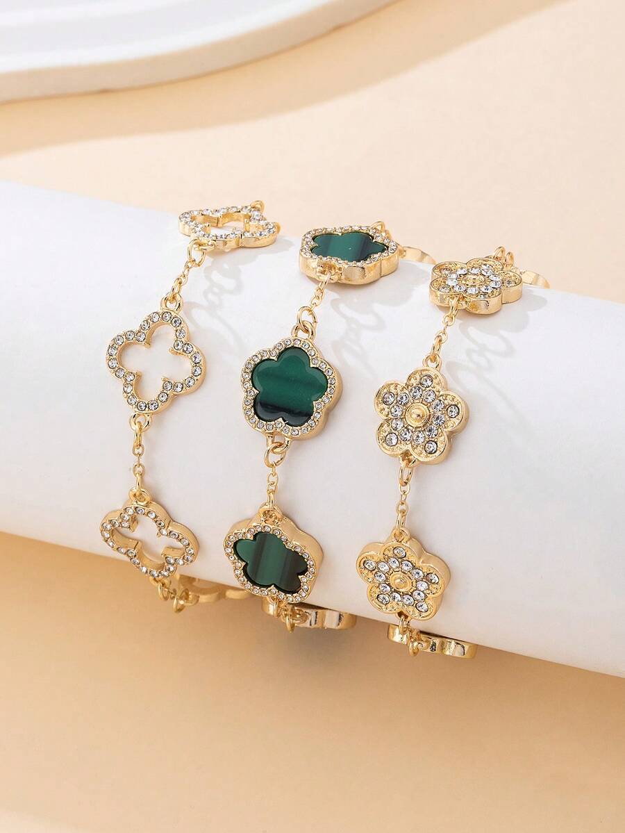 Bộ 3 vòng tay nữ đính đá Rhinestone hình cỏ bốn lá rỗng bằng vàng cao cấp, sang trọng, may mắn, có thể xếp chồng/đa năng - Nhiều màu - Xem 1