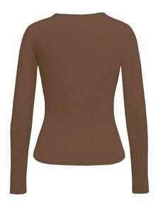 Damska koszulka z długim rękawem i okrągłym dekoltem, o regularnym kroju, wykonana z materiału o średniej elastyczności, wygodna do noszenia na co dzień - Brązowy - Zobacz 2