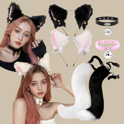 闪亮派对C位！女士猫女情人节COS服装套装，3/8件套 - 可爱毛绒猫耳发箍+铃铛项圈+毛绒尾巴/手链，性感皮质腿套，粉色节日装扮，热门趣味礼物（面料和丝带颜色可能因批次略有不同，随机发货）（产品可能存在不影响穿着效果的轻微瑕疵，介意者慎拍）