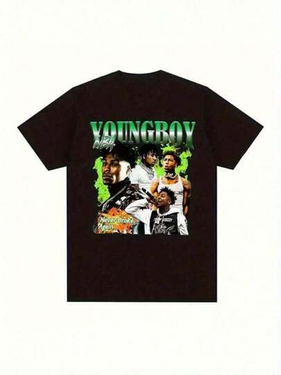 Camiseta gráfica YoungBoy Never Broke Again para hombres - Camiseta vintage negra de hip hop con impresión de micrófono en negrita, manga corta, ropa casual de calle, lavable a máquina, ajuste regular, ropa musical de 220G, camiseta gráfica diaria para mujeres