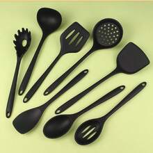 8pcs/Set Silicone Kitchen Cooking Utensil Set, Including Spatula, Soup Ladle, Strainer Ladle, Wok Spatula, Pasta Server, Salad Tongs, Honey Dipper, Available In Red And Black Colors