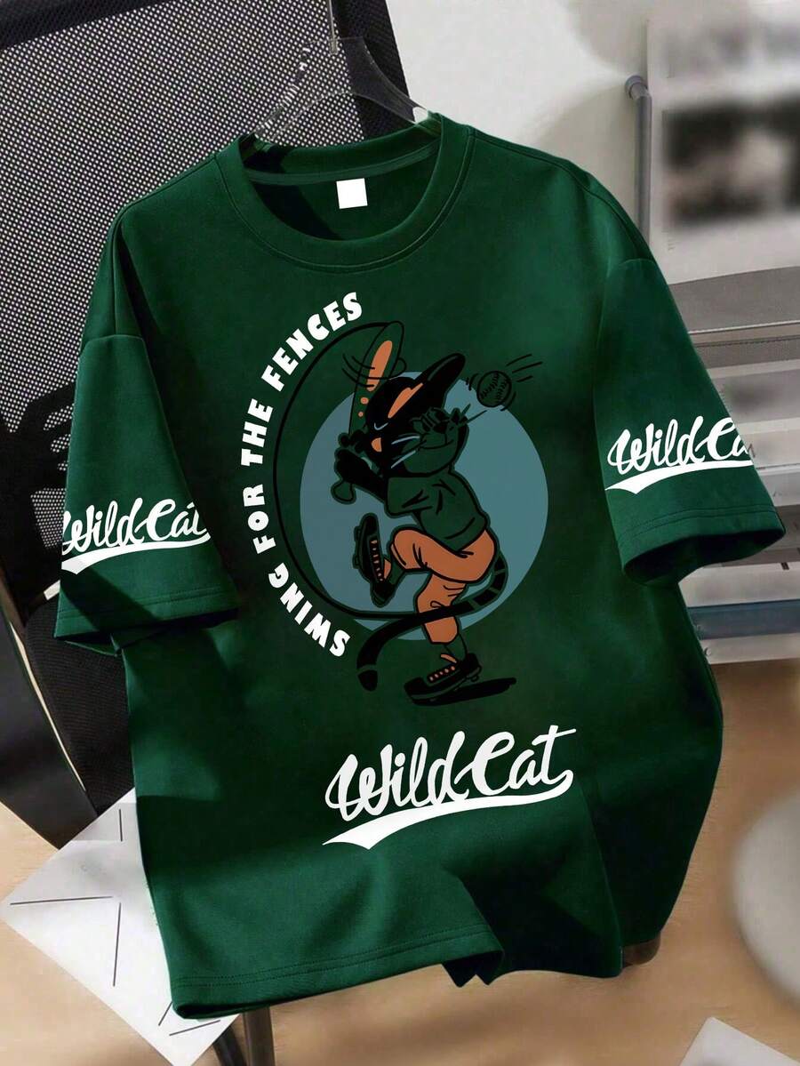 青少年男童酷炫野猫棒球印花柔软面料短袖T恤,休闲运动服,春夏款,青少年男童上衣 - 墨綠色 - 查看 1