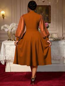 Plus Size Women Brown Elegant Cut Out Mock Neck With Chiffon Tulle Lantern Long Sleeve Buckle A-Line Dresses With Wedding,Dinner Party - 棕色 - 查看 2